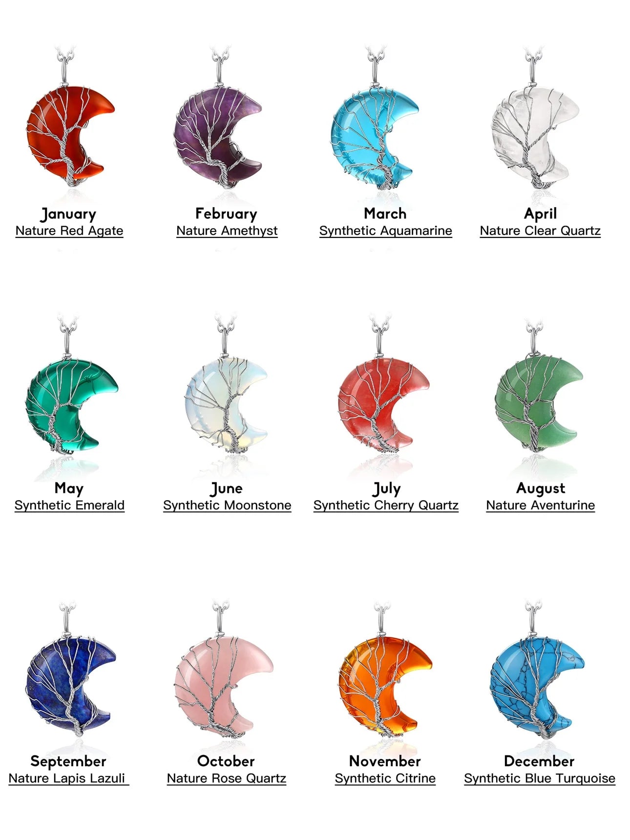 Elegant Tree of Life Crescent Moon Necklace with Synthetic Moonstone - Healing Crystal Pendant for June Birthdays