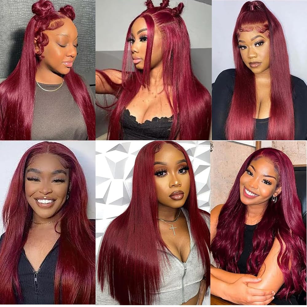 32 Inch 99J Burgundy Lace Front Wig - 250% Density Human Hair, Pre-Plucked with Baby Hair, Glueless Straight HD Lace Wig