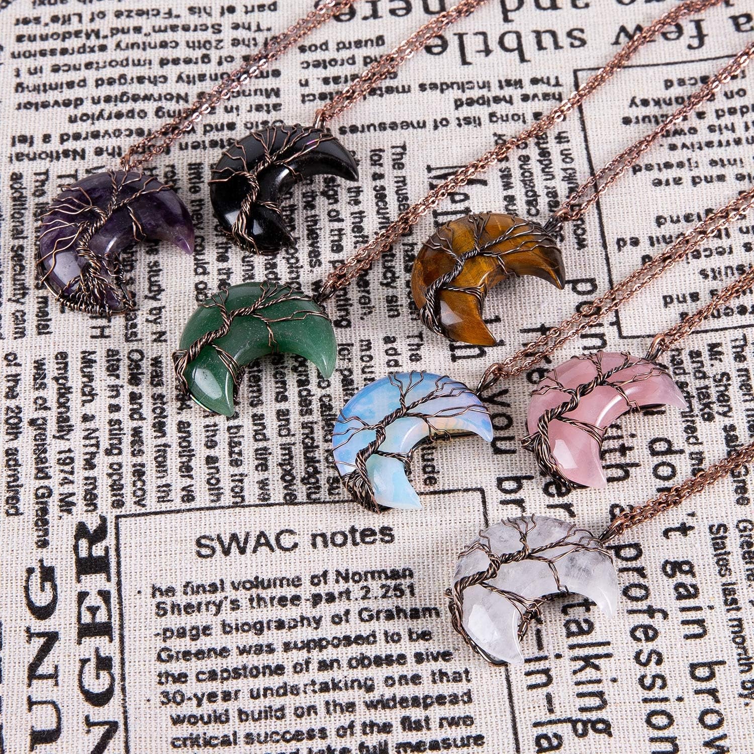 Enchanting Life Tree Crescent Moon Necklace - Unique Copper Wire Wrapped Gemstone Pendant - Perfect Christmas Gift for Women and Friends
