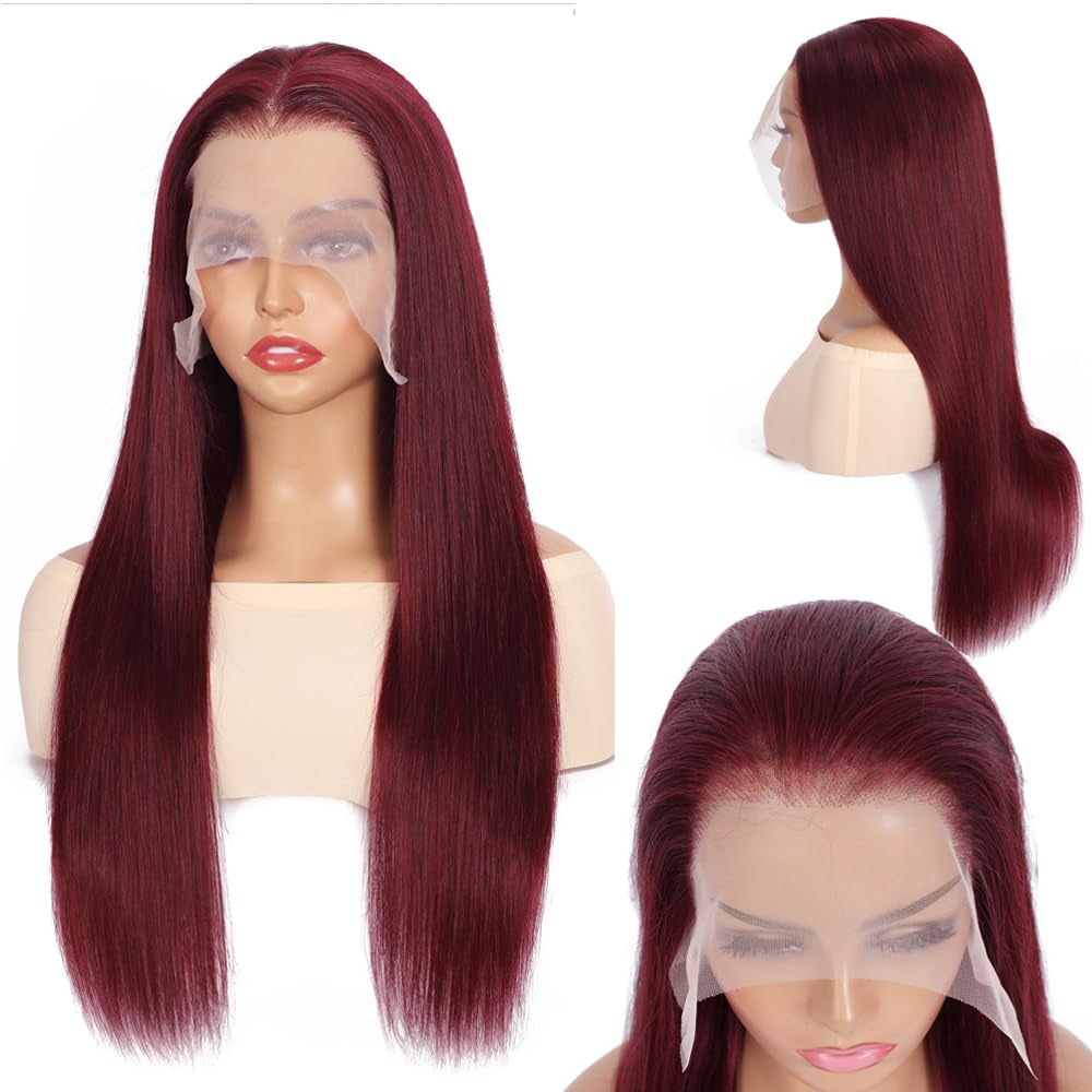 32 Inch 99J Burgundy Lace Front Wig - 250% Density Human Hair, Pre-Plucked with Baby Hair, Glueless Straight HD Lace Wig