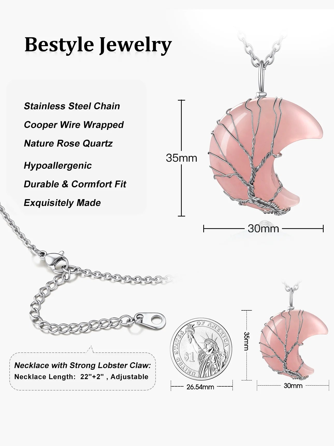 Elegant Birthstone Necklace for Women - Tree of Life & Crescent Moon Pendant with Rose Quartz Healing Crystal for October Birthdays