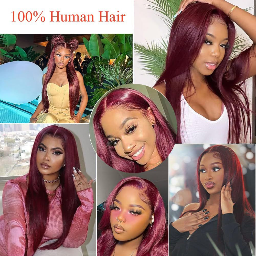 32 Inch 99J Burgundy Lace Front Wig - 250% Density Human Hair, Pre-Plucked with Baby Hair, Glueless Straight HD Lace Wig