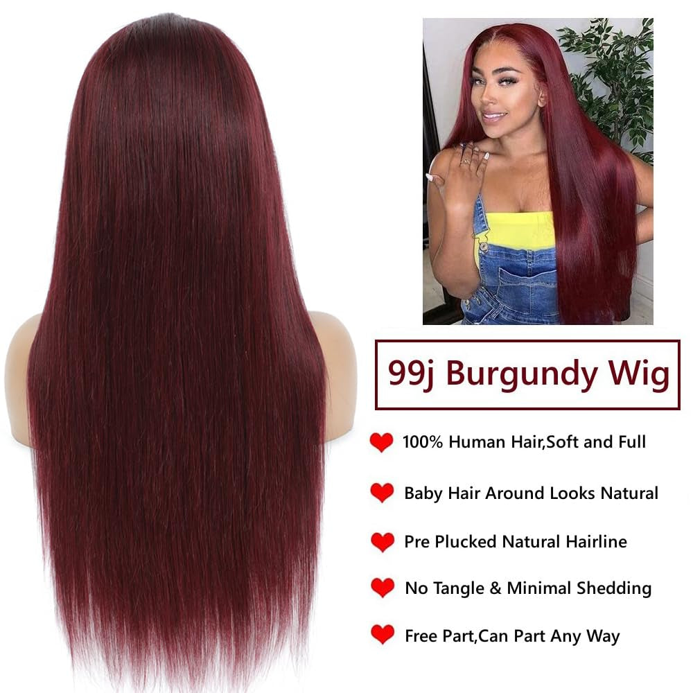 32 Inch 99J Burgundy Lace Front Wig - 250% Density Human Hair, Pre-Plucked with Baby Hair, Glueless Straight HD Lace Wig
