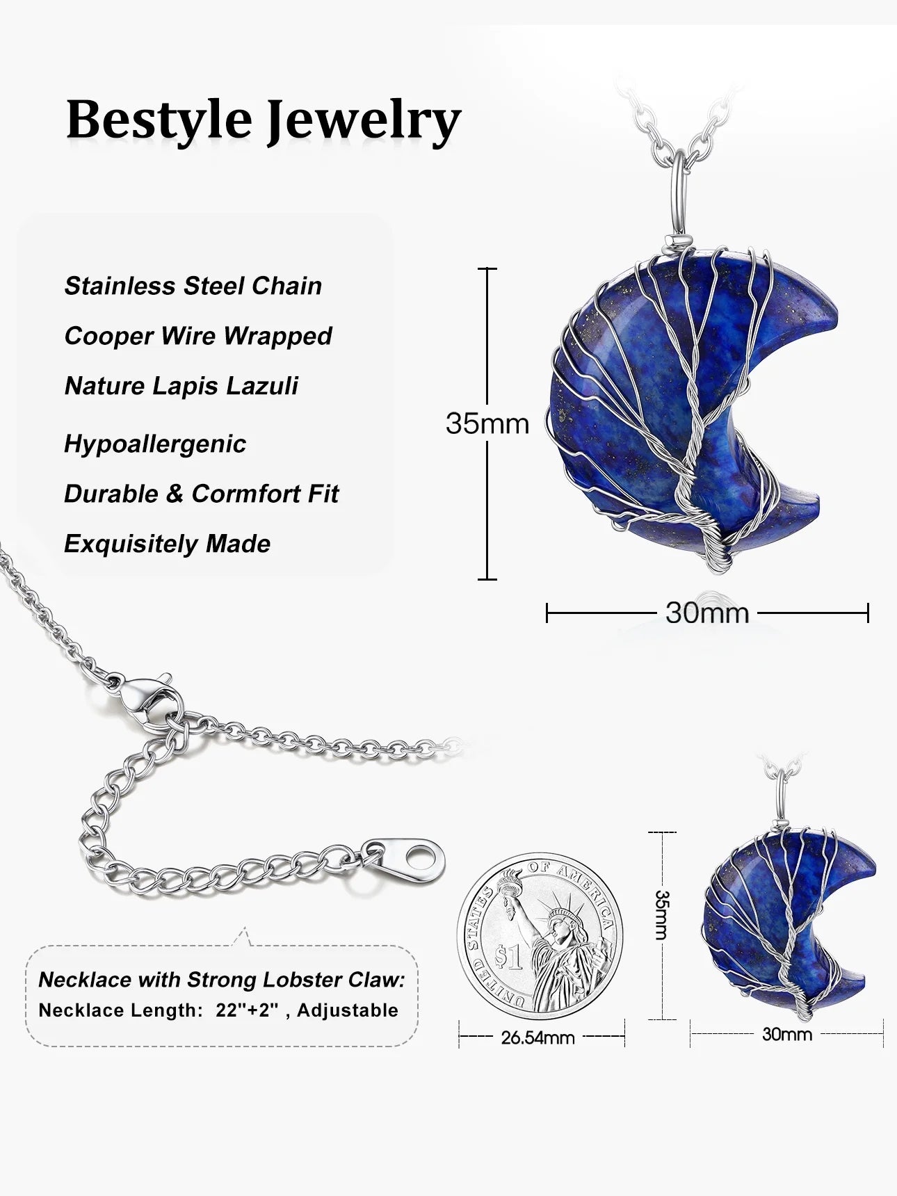 Elegant Tree of Life Crescent Moon Necklace with Lapis Lazuli - Healing Crystal Pendant for September Birthdays