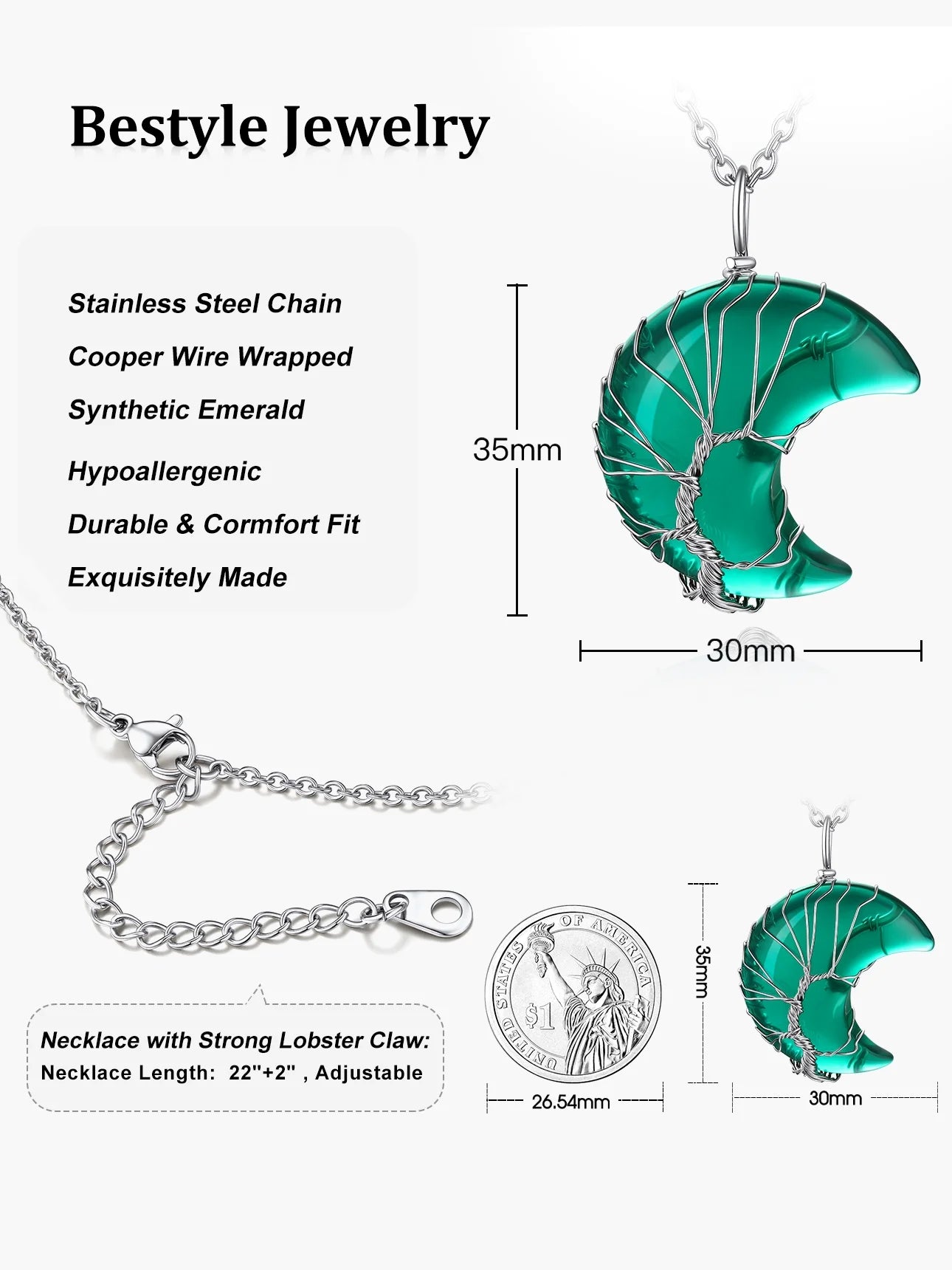 Elegant Birthstone Necklace for Women - Tree of Life Crescent Moon Pendant with Synthetic Green Emerald Healing Crystal for May Birthdays