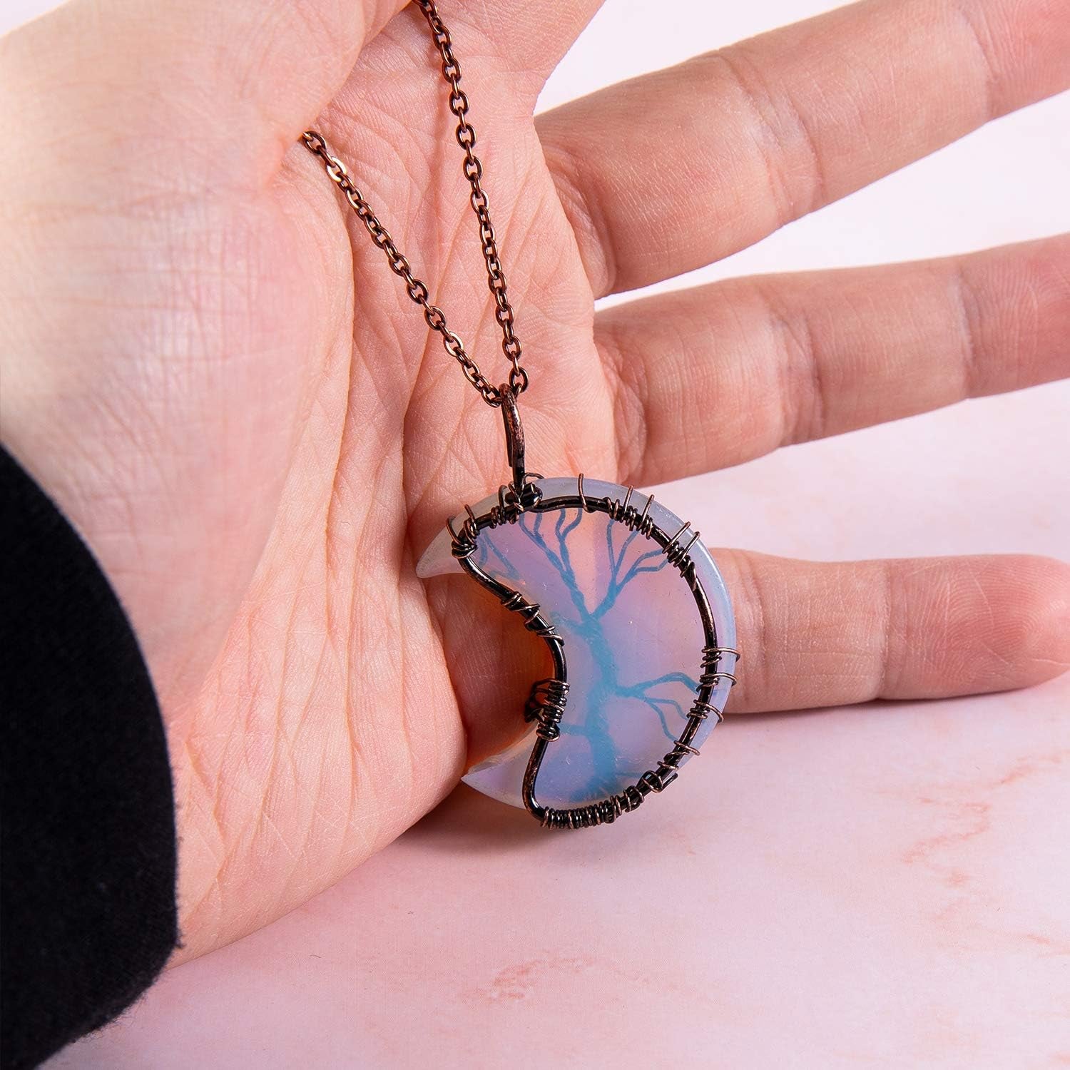 Enchanting Life Tree Crescent Moon Necklace - Unique Copper Wire Wrapped Gemstone Pendant - Perfect Christmas Gift for Women and Friends