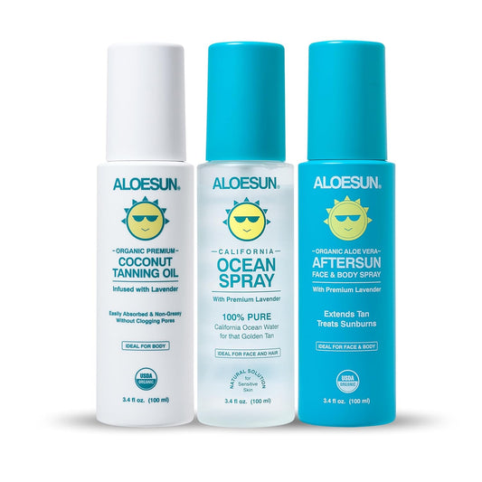 Organic Tanning Travel Set - Coconut Tanning Oil, Ocean Spray & AFTERSUN Spray for Radiant Skin on the Go!