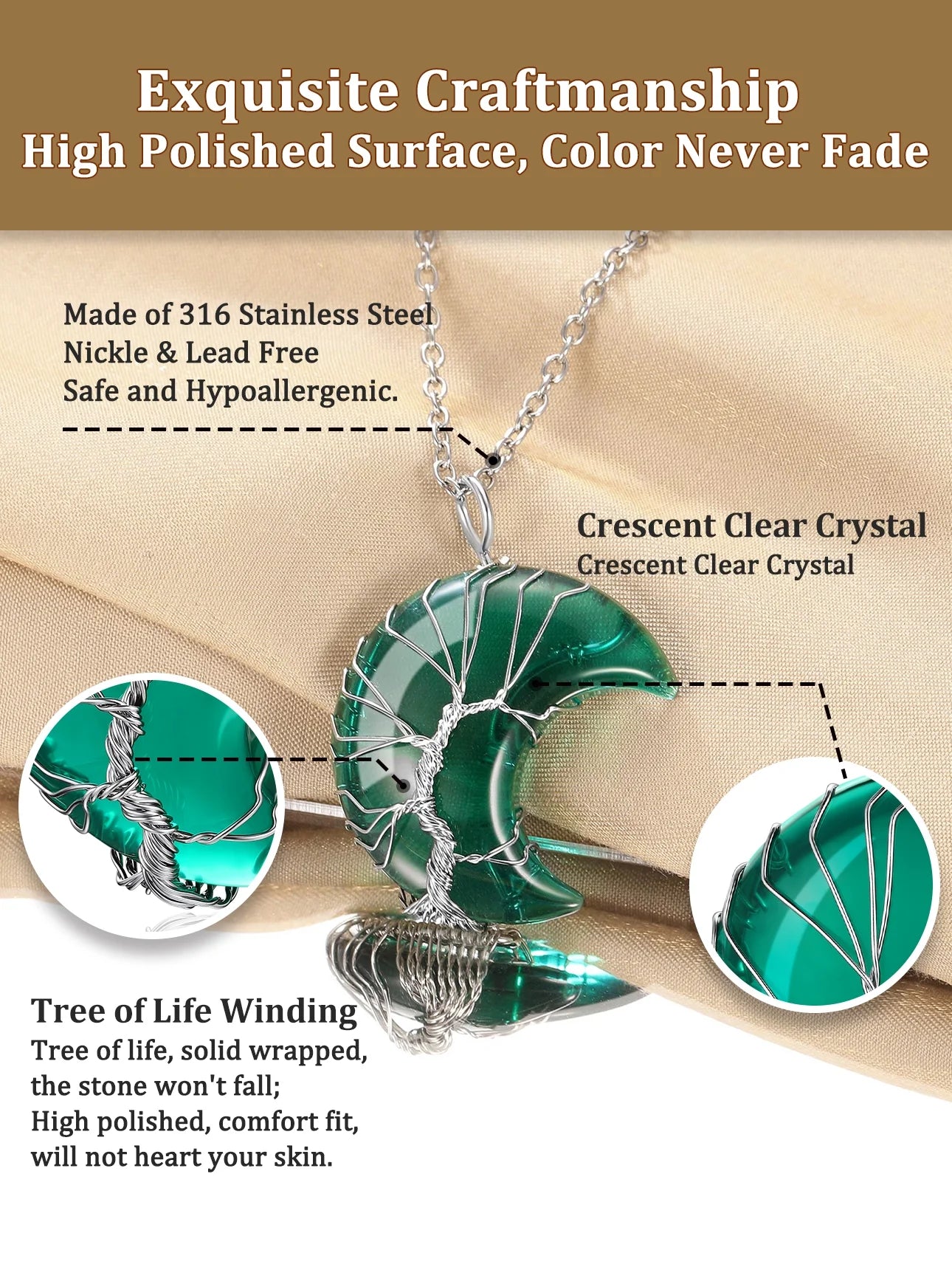 Elegant Birthstone Necklace for Women - Tree of Life Crescent Moon Pendant with Synthetic Green Emerald Healing Crystal for May Birthdays