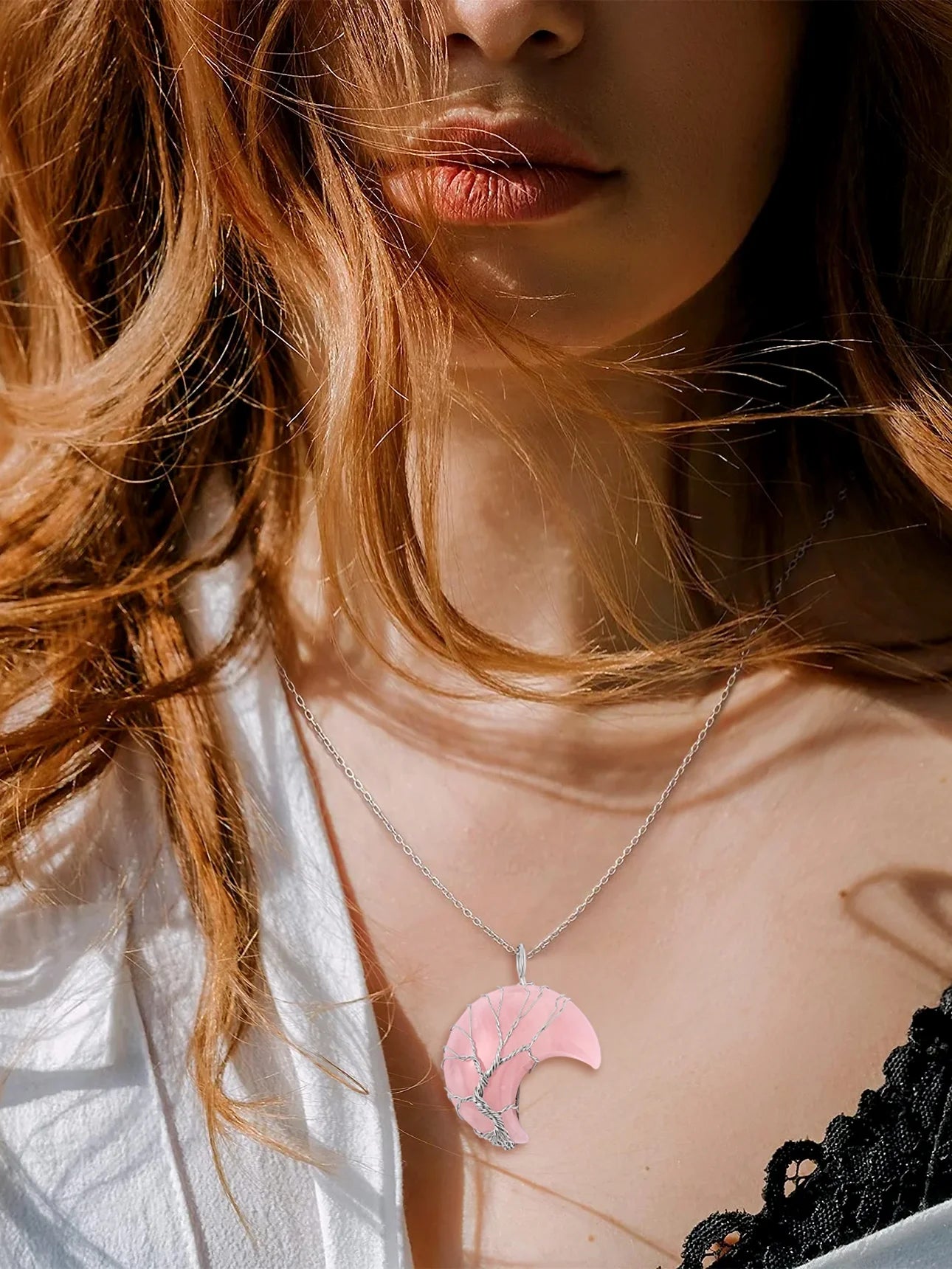 Elegant Birthstone Necklace for Women - Tree of Life & Crescent Moon Pendant with Rose Quartz Healing Crystal for October Birthdays