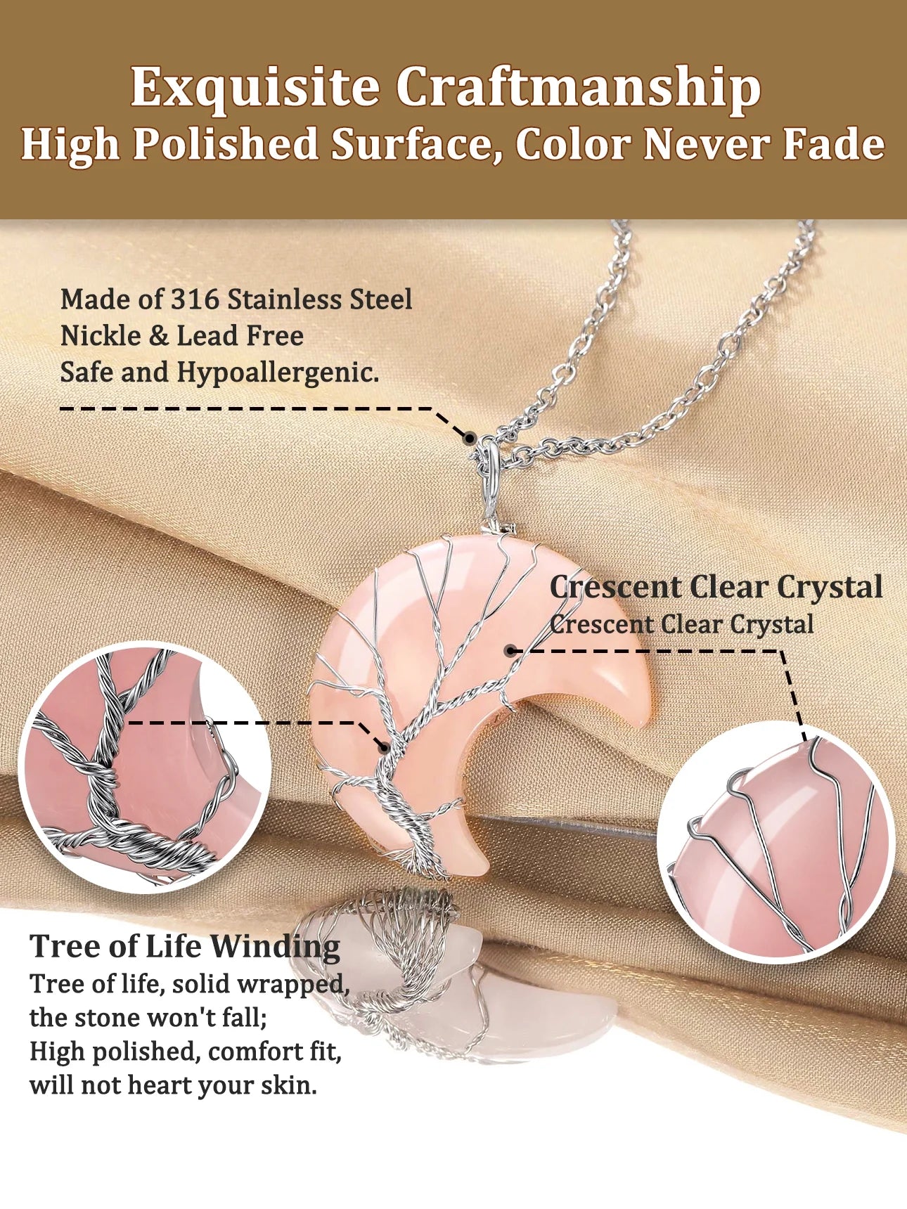 Elegant Birthstone Necklace for Women - Tree of Life & Crescent Moon Pendant with Rose Quartz Healing Crystal for October Birthdays