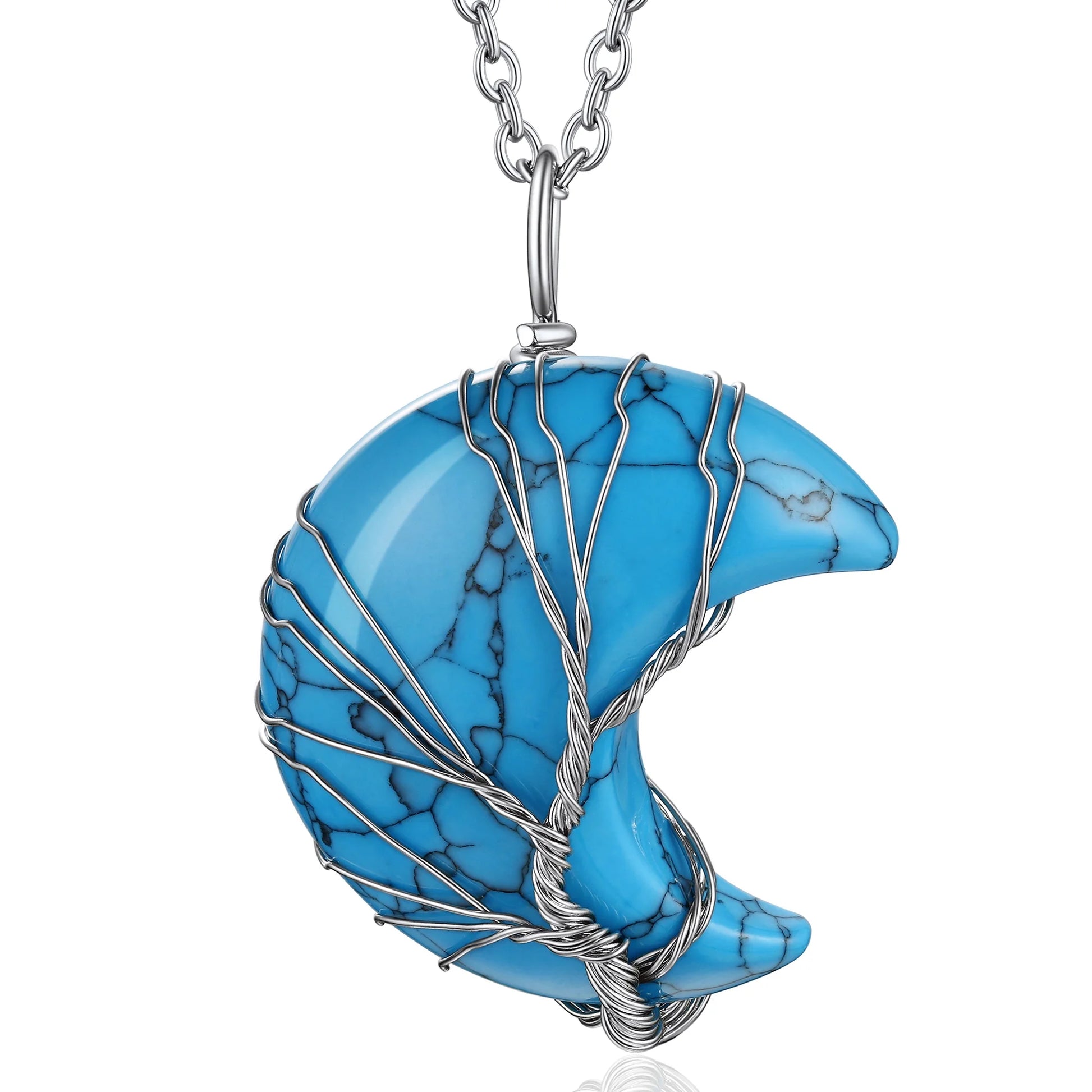 Stunning December Birthstone Necklace - Tree of Life & Crescent Moon Pendant with Synthetic Blue Turquoise Healing Crystal for Women and Girls