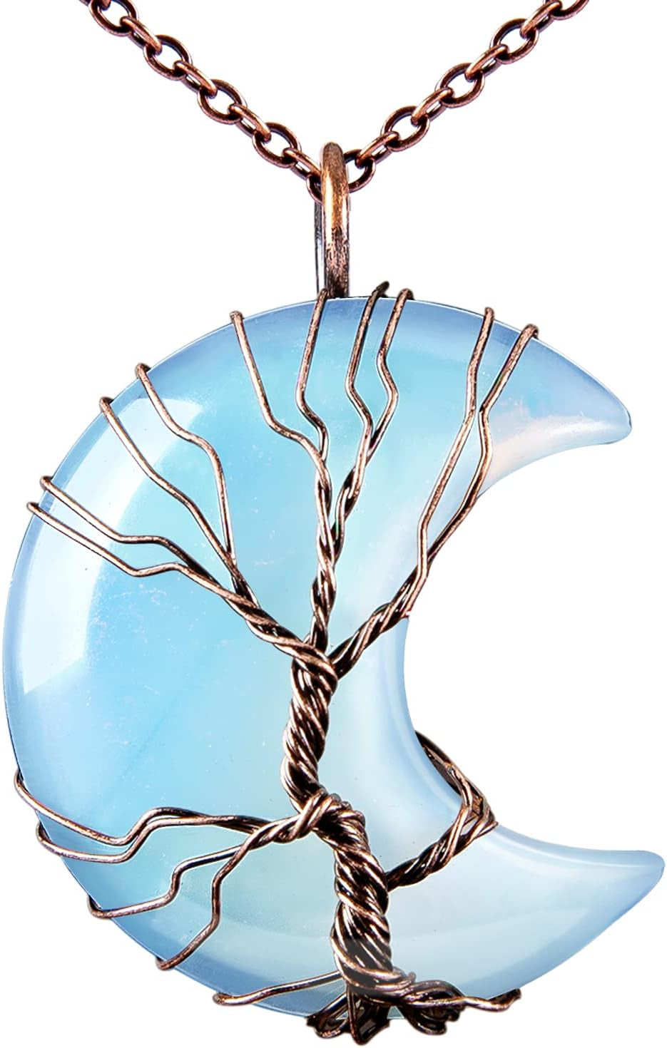 Enchanting Life Tree Crescent Moon Necklace - Unique Copper Wire Wrapped Gemstone Pendant - Perfect Christmas Gift for Women and Friends
