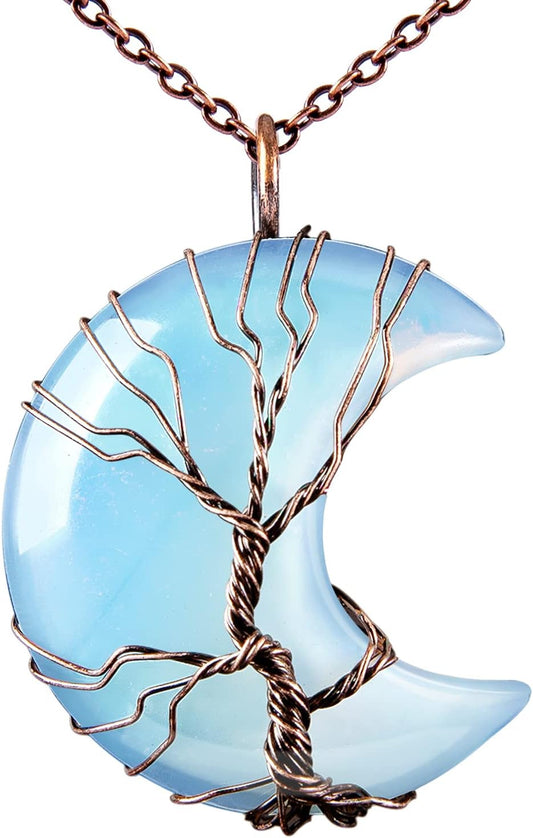 Enchanting Life Tree Crescent Moon Necklace - Unique Copper Wire Wrapped Gemstone Pendant - Perfect Christmas Gift for Women and Friends