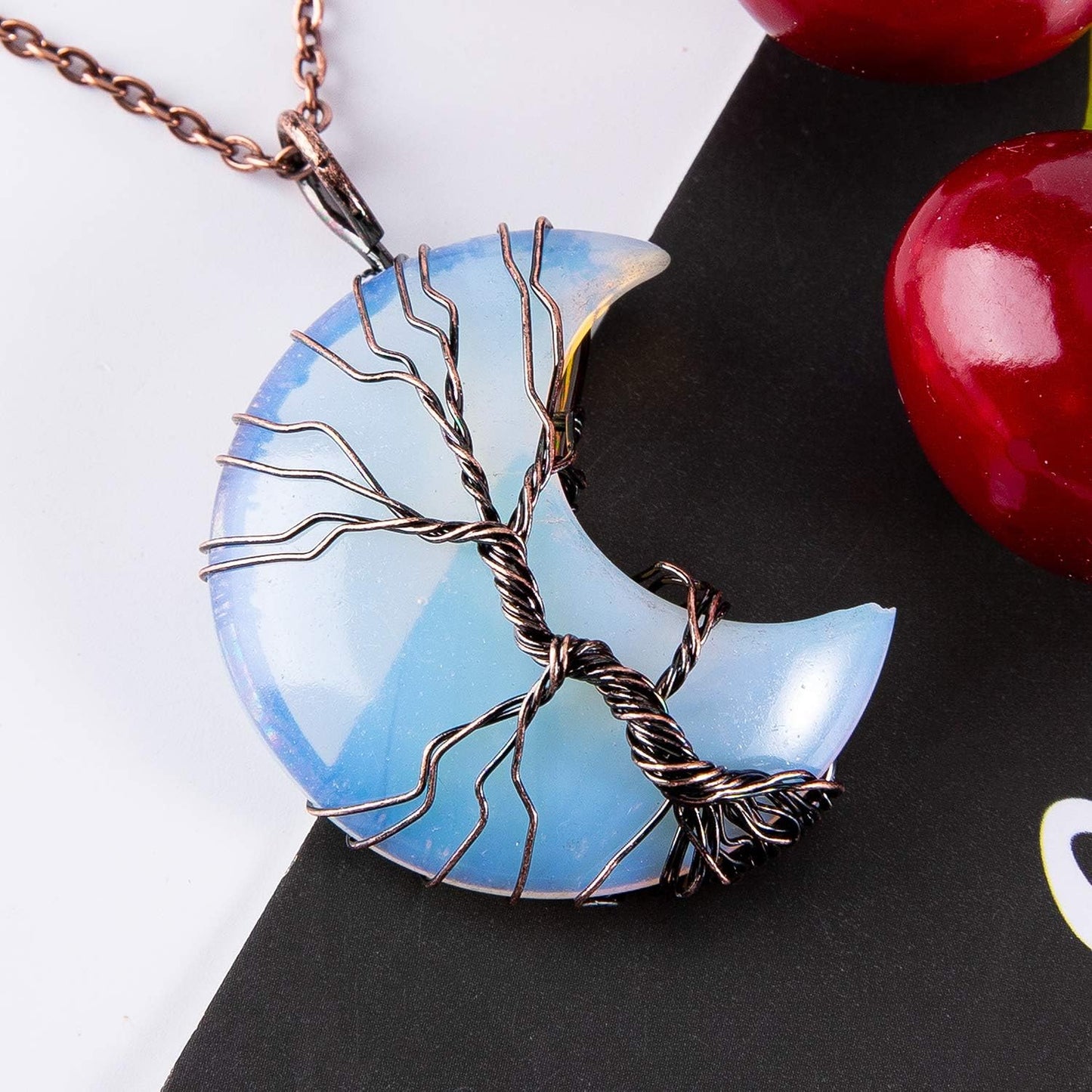Enchanting Life Tree Crescent Moon Necklace - Unique Copper Wire Wrapped Gemstone Pendant - Perfect Christmas Gift for Women and Friends