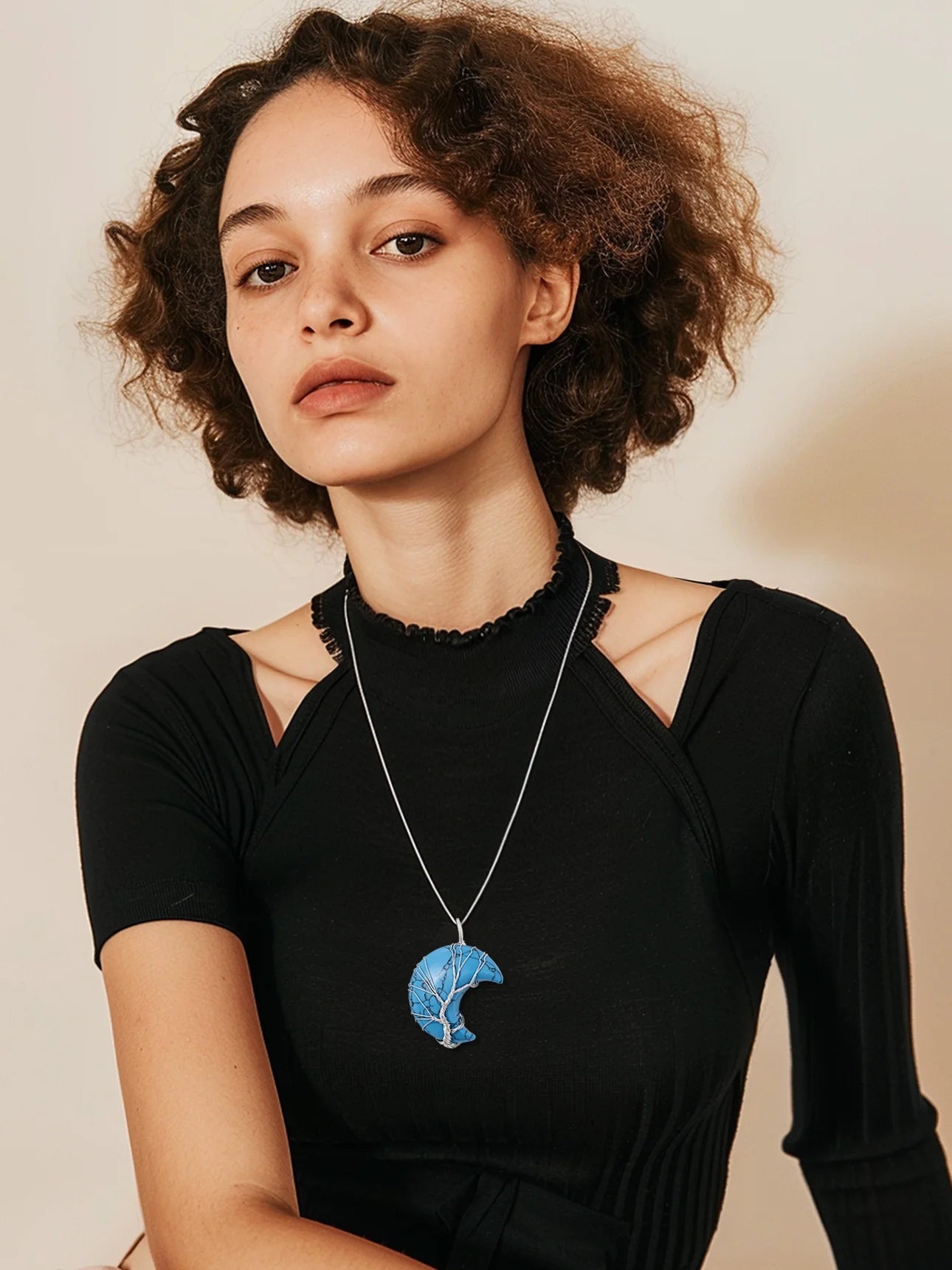 Stunning December Birthstone Necklace - Tree of Life & Crescent Moon Pendant with Synthetic Blue Turquoise Healing Crystal for Women and Girls