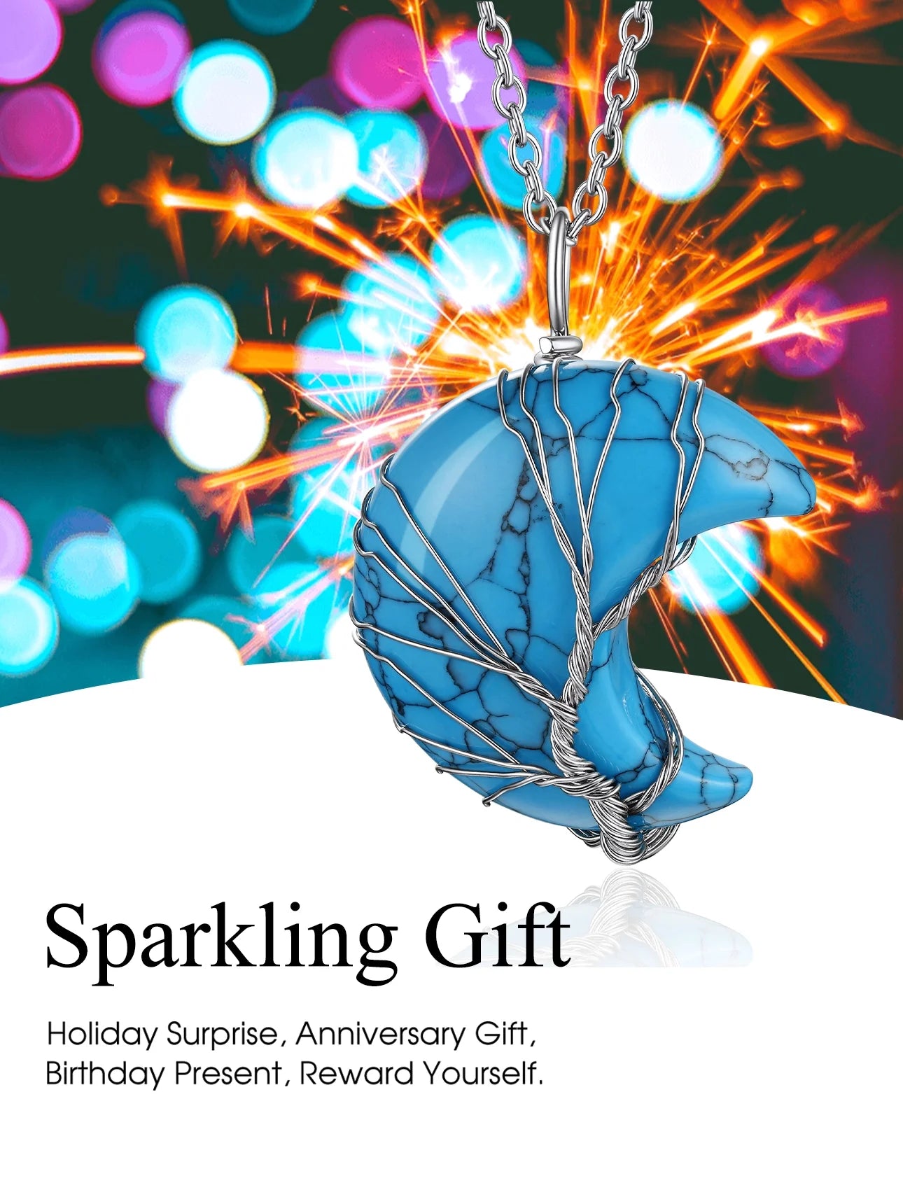 Stunning December Birthstone Necklace - Tree of Life & Crescent Moon Pendant with Synthetic Blue Turquoise Healing Crystal for Women and Girls