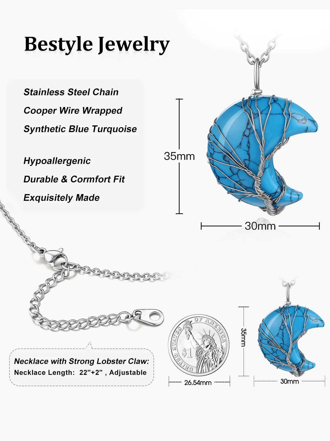 Stunning December Birthstone Necklace - Tree of Life & Crescent Moon Pendant with Synthetic Blue Turquoise Healing Crystal for Women and Girls