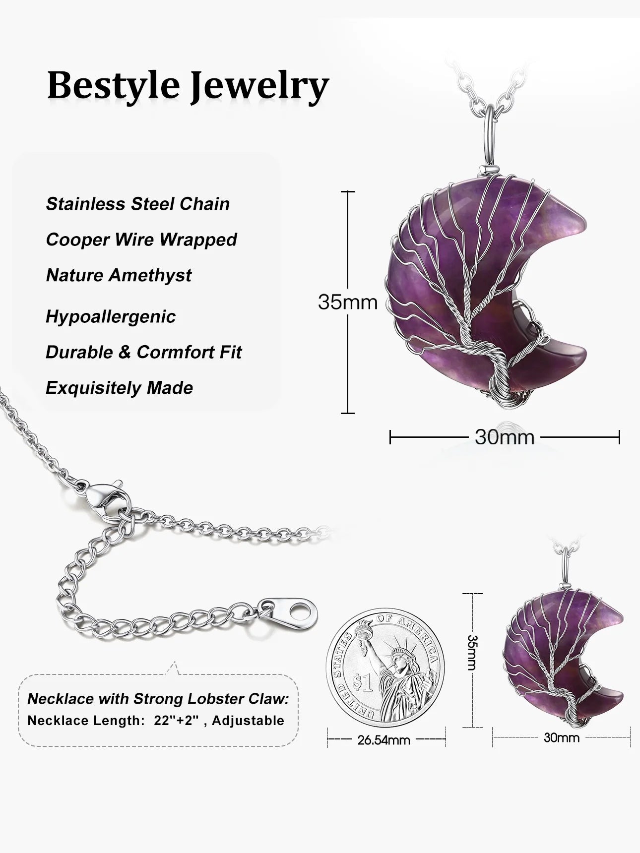 Elegant Tree of Life Crescent Moon Necklace with Amethyst Gemstones - Healing Crystal Pendant for February Birthdays