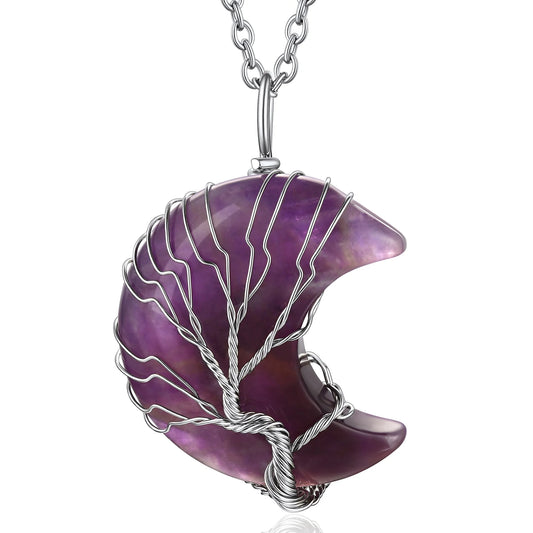 Elegant Tree of Life Crescent Moon Necklace with Amethyst Gemstones - Healing Crystal Pendant for February Birthdays