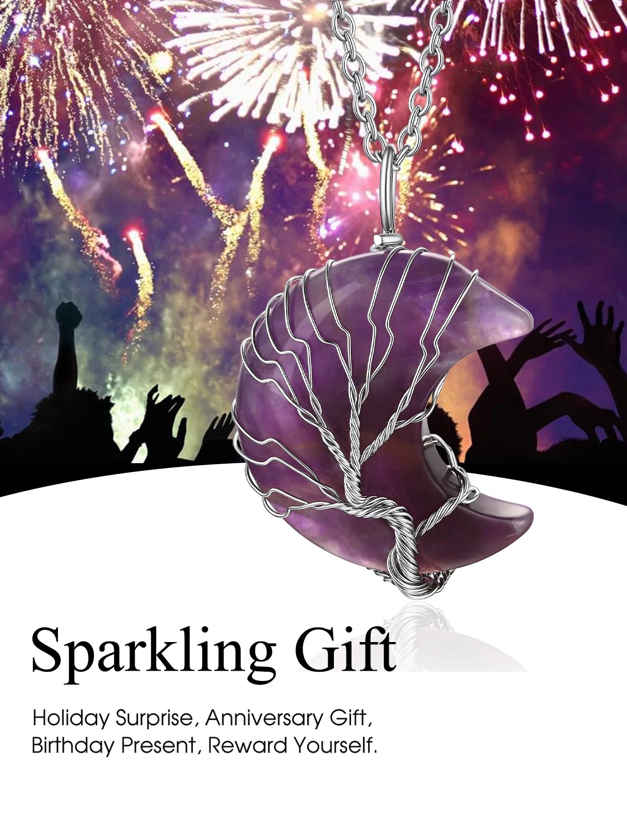 Elegant Tree of Life Crescent Moon Necklace with Amethyst Gemstones - Healing Crystal Pendant for February Birthdays