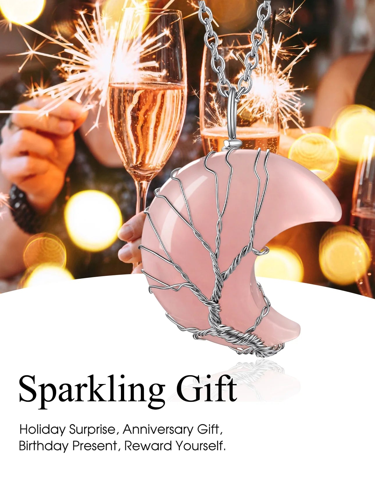 Elegant Birthstone Necklace for Women - Tree of Life & Crescent Moon Pendant with Rose Quartz Healing Crystal for October Birthdays