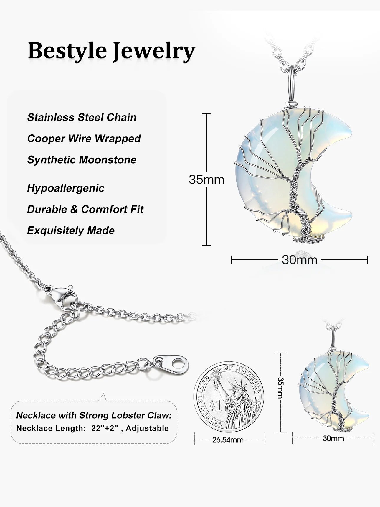 Elegant Tree of Life Crescent Moon Necklace with Synthetic Moonstone - Healing Crystal Pendant for June Birthdays