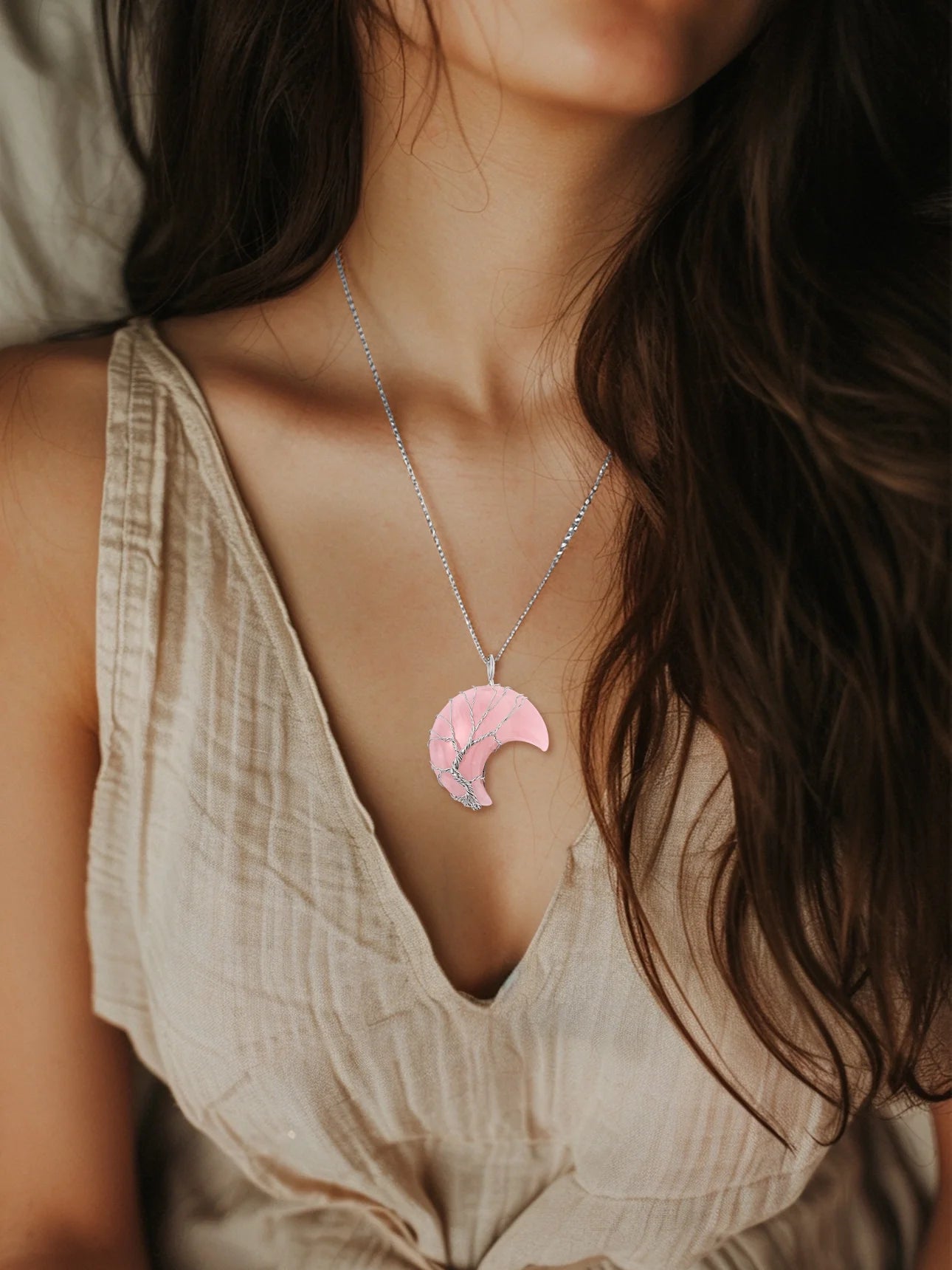 Elegant Birthstone Necklace for Women - Tree of Life & Crescent Moon Pendant with Rose Quartz Healing Crystal for October Birthdays