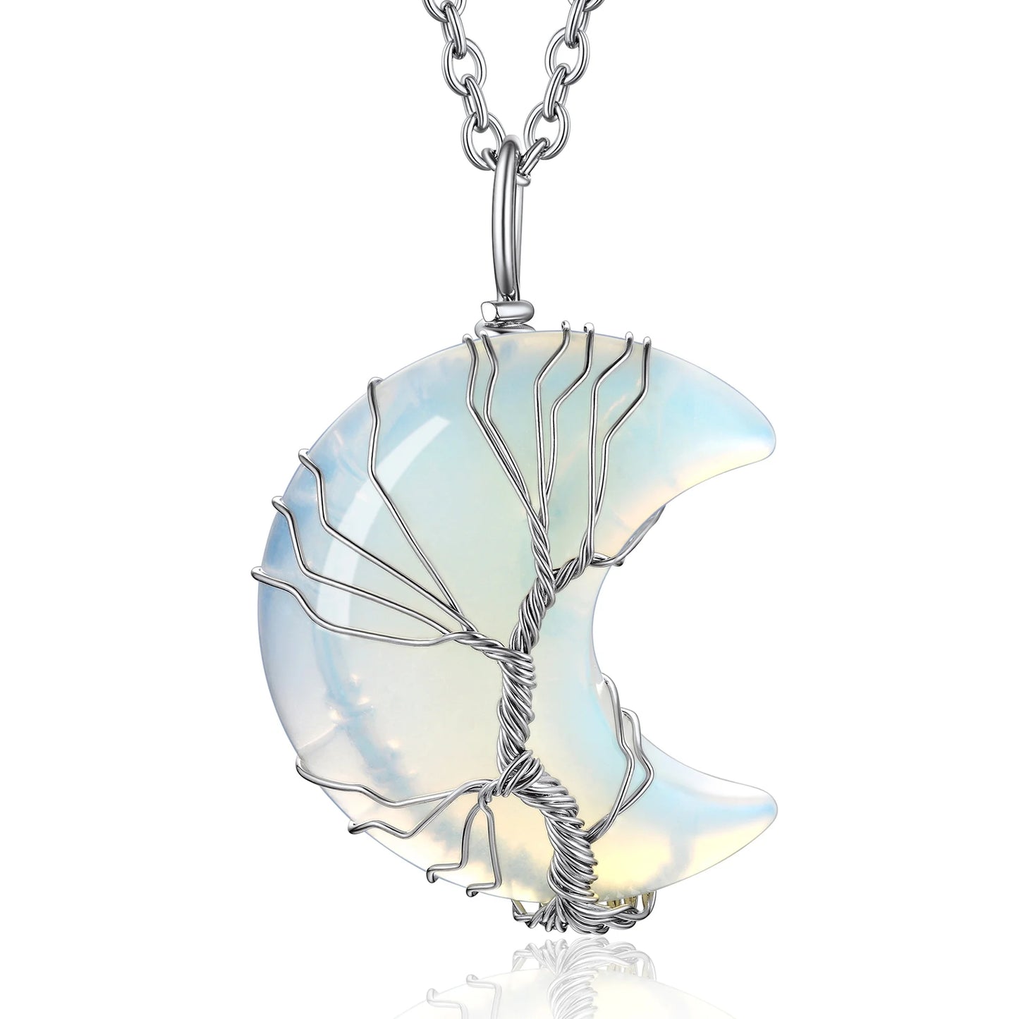 Elegant Tree of Life Crescent Moon Necklace with Synthetic Moonstone - Healing Crystal Pendant for June Birthdays