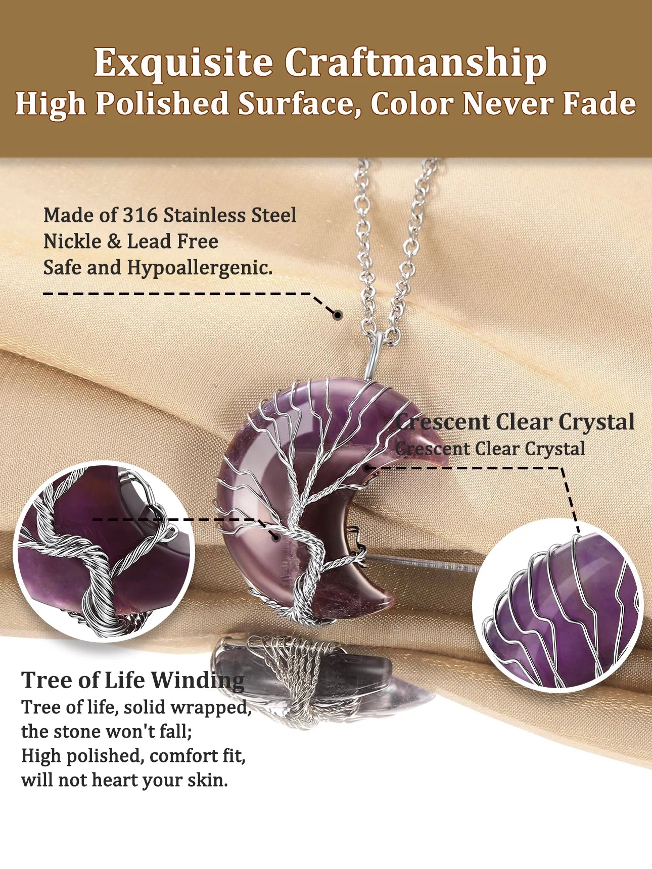 Elegant Tree of Life Crescent Moon Necklace with Amethyst Gemstones - Healing Crystal Pendant for February Birthdays