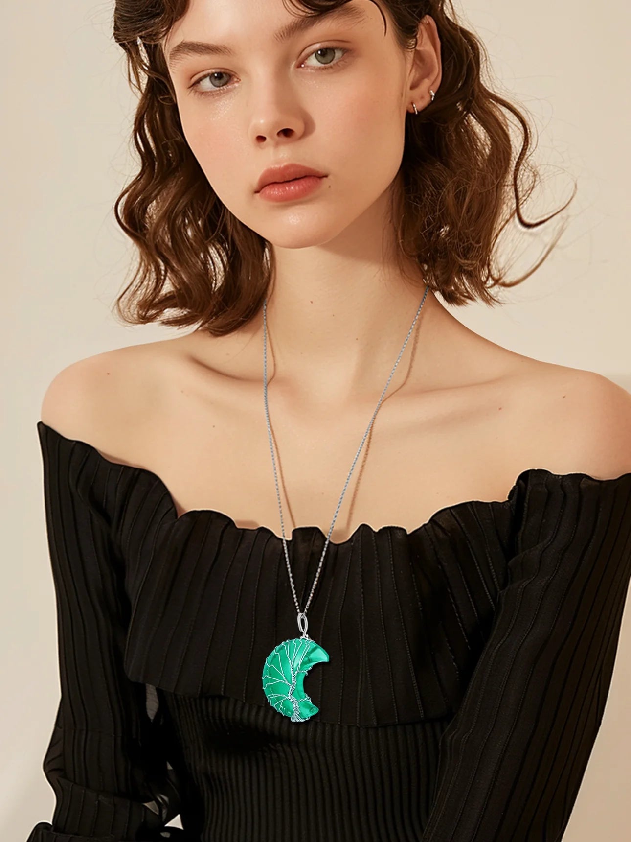 Elegant Birthstone Necklace for Women - Tree of Life Crescent Moon Pendant with Synthetic Green Emerald Healing Crystal for May Birthdays