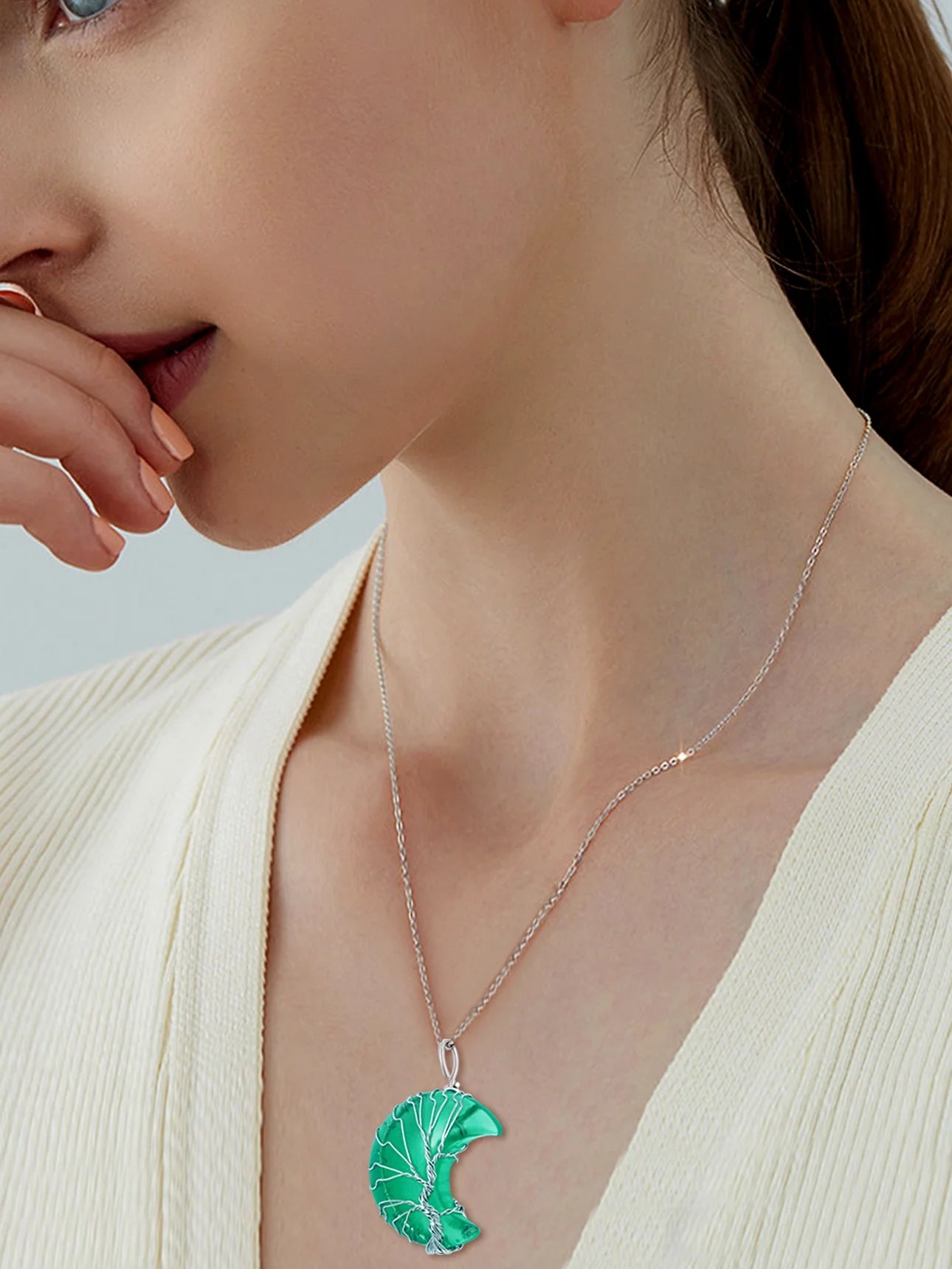 Elegant Birthstone Necklace for Women - Tree of Life Crescent Moon Pendant with Synthetic Green Emerald Healing Crystal for May Birthdays