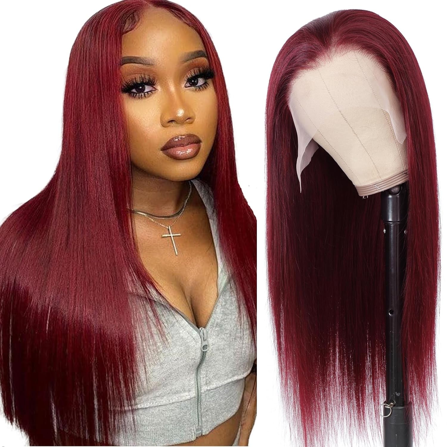 32 Inch 99J Burgundy Lace Front Wig - 250% Density Human Hair, Pre-Plucked with Baby Hair, Glueless Straight HD Lace Wig