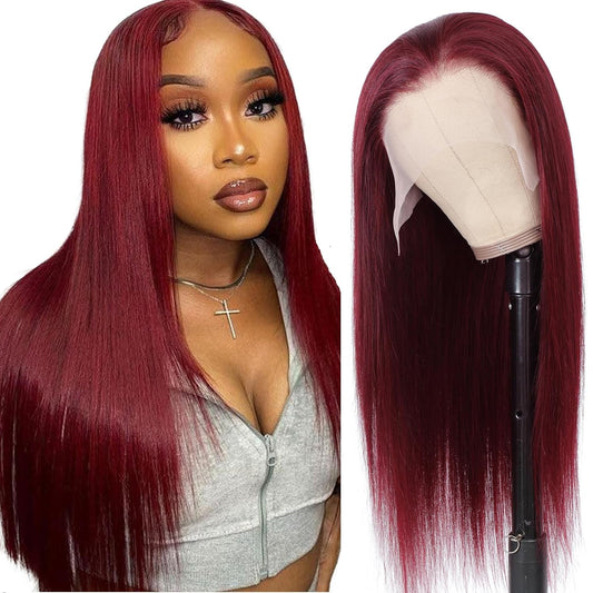 32 Inch 99J Burgundy Lace Front Wig - 250% Density Human Hair, Pre-Plucked with Baby Hair, Glueless Straight HD Lace Wig