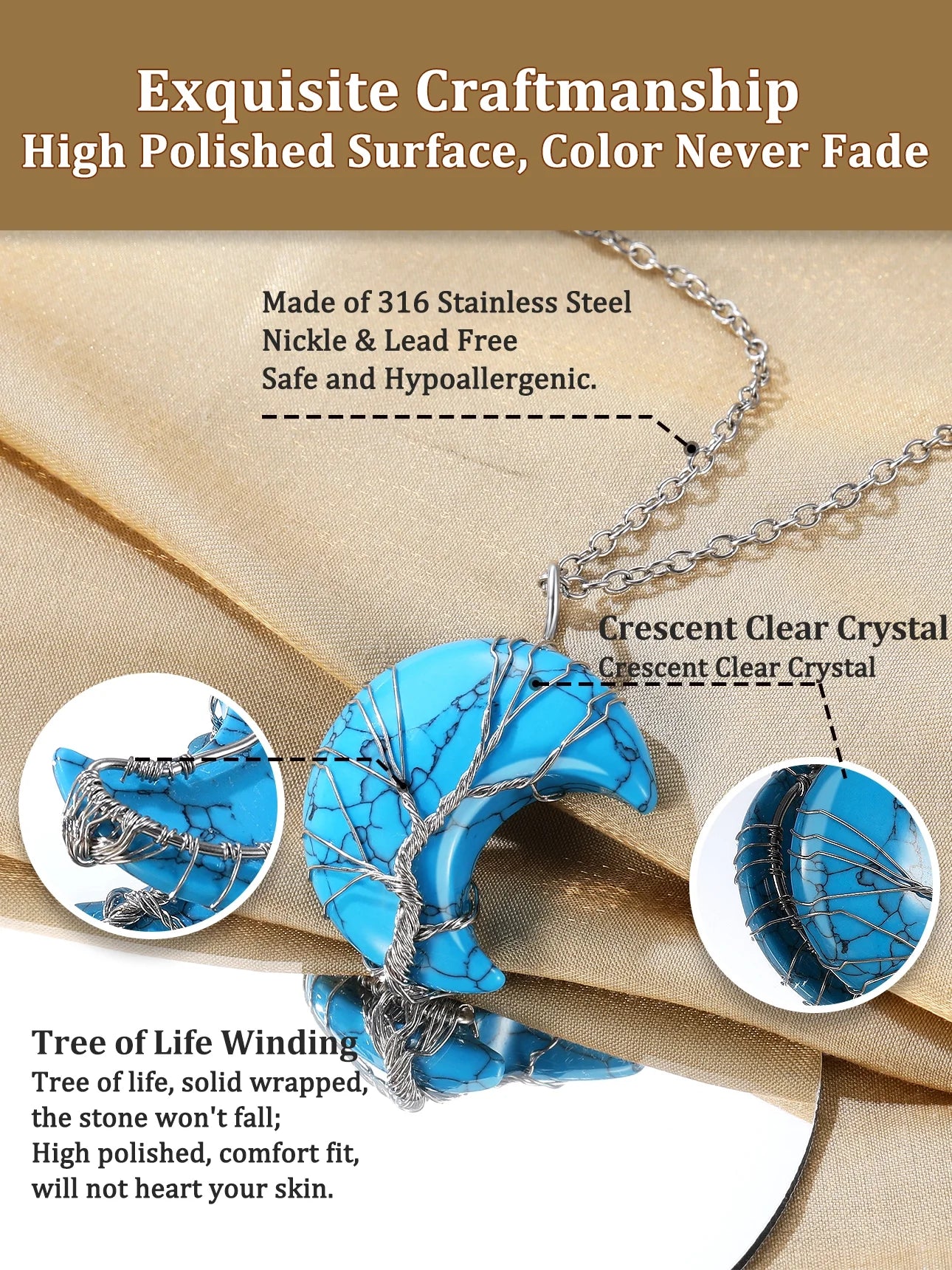 Stunning December Birthstone Necklace - Tree of Life & Crescent Moon Pendant with Synthetic Blue Turquoise Healing Crystal for Women and Girls