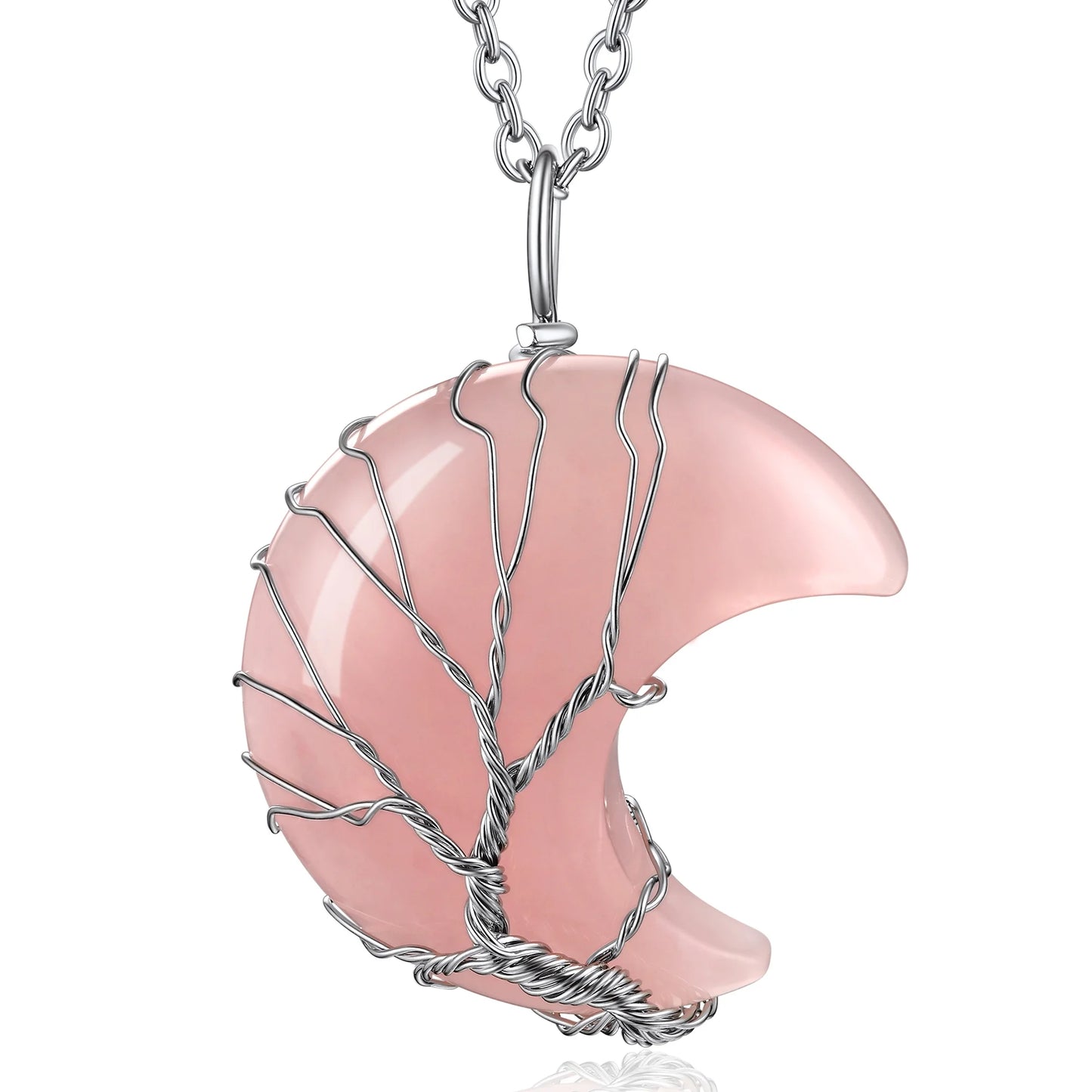 Elegant Birthstone Necklace for Women - Tree of Life & Crescent Moon Pendant with Rose Quartz Healing Crystal for October Birthdays