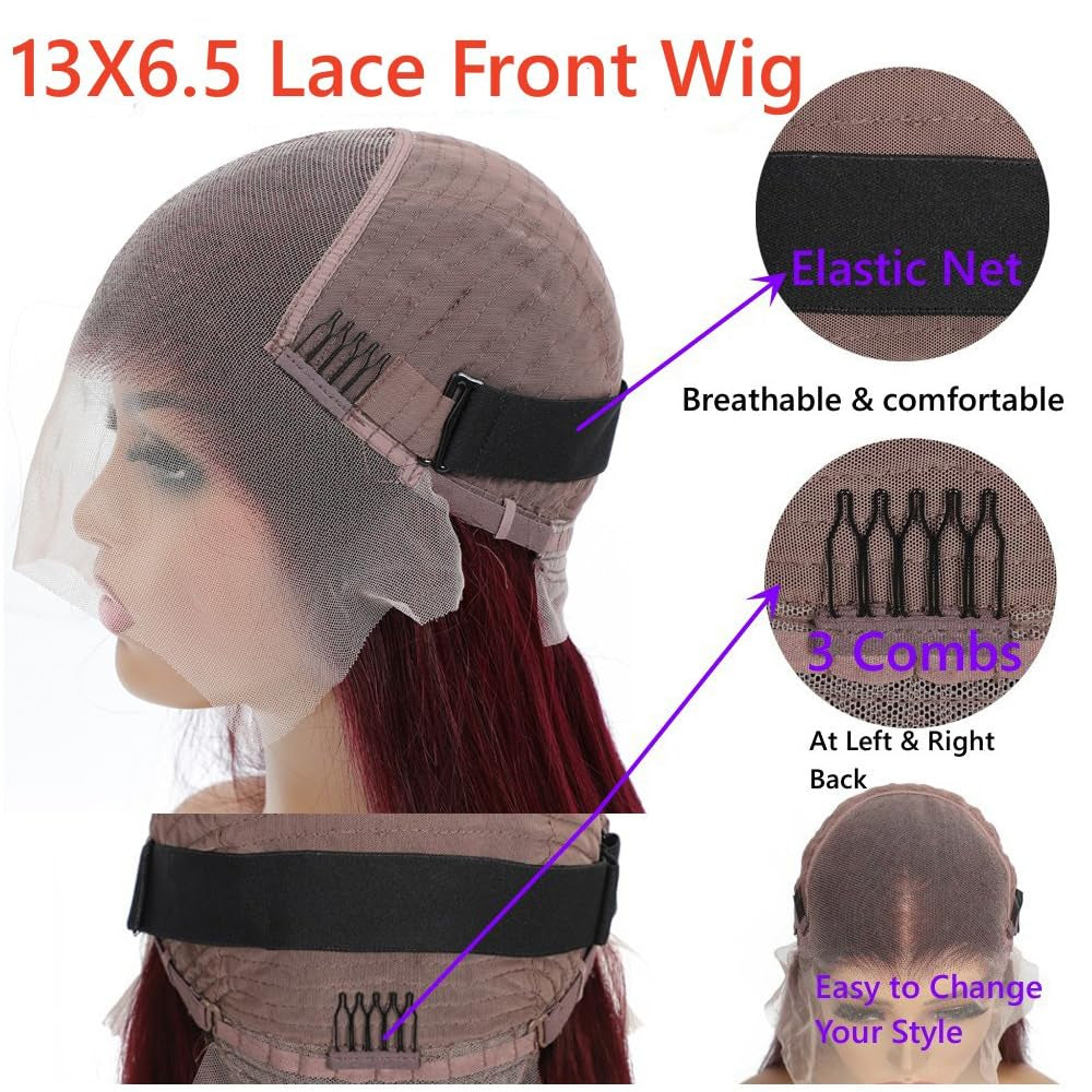 32 Inch 99J Burgundy Lace Front Wig - 250% Density Human Hair, Pre-Plucked with Baby Hair, Glueless Straight HD Lace Wig