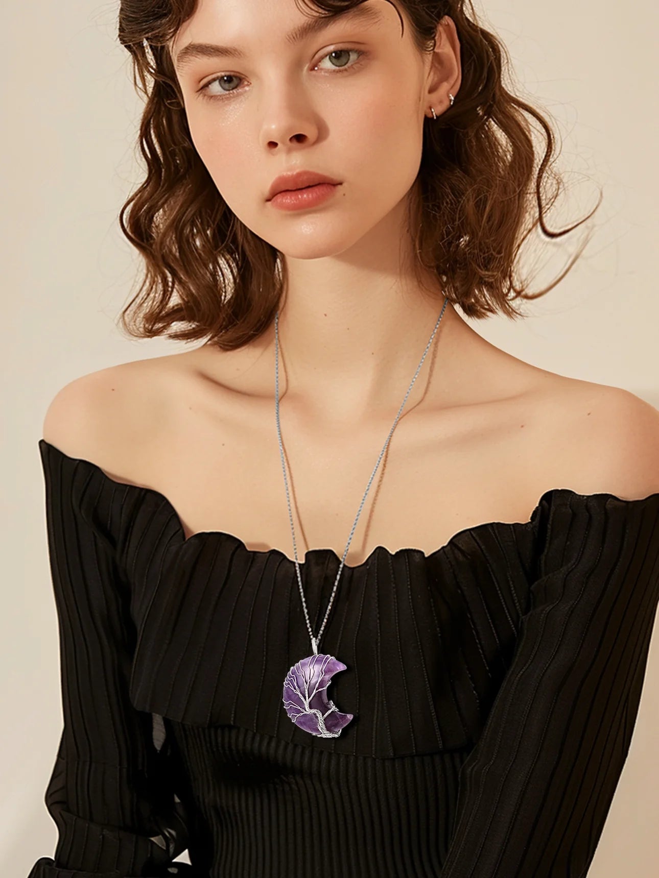 Elegant Tree of Life Crescent Moon Necklace with Amethyst Gemstones - Healing Crystal Pendant for February Birthdays