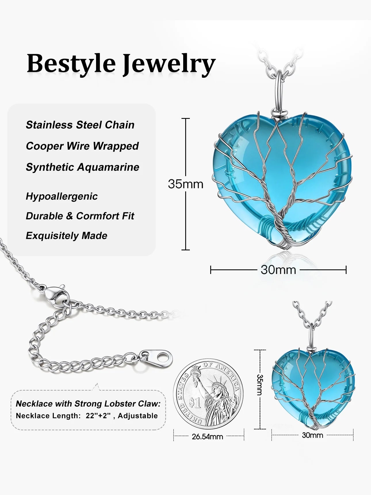 Elegant Tree of Life Heart Crystal Necklace - Moonstone March Birthstone Pendant Jewelry Gift for Mothers and Wives