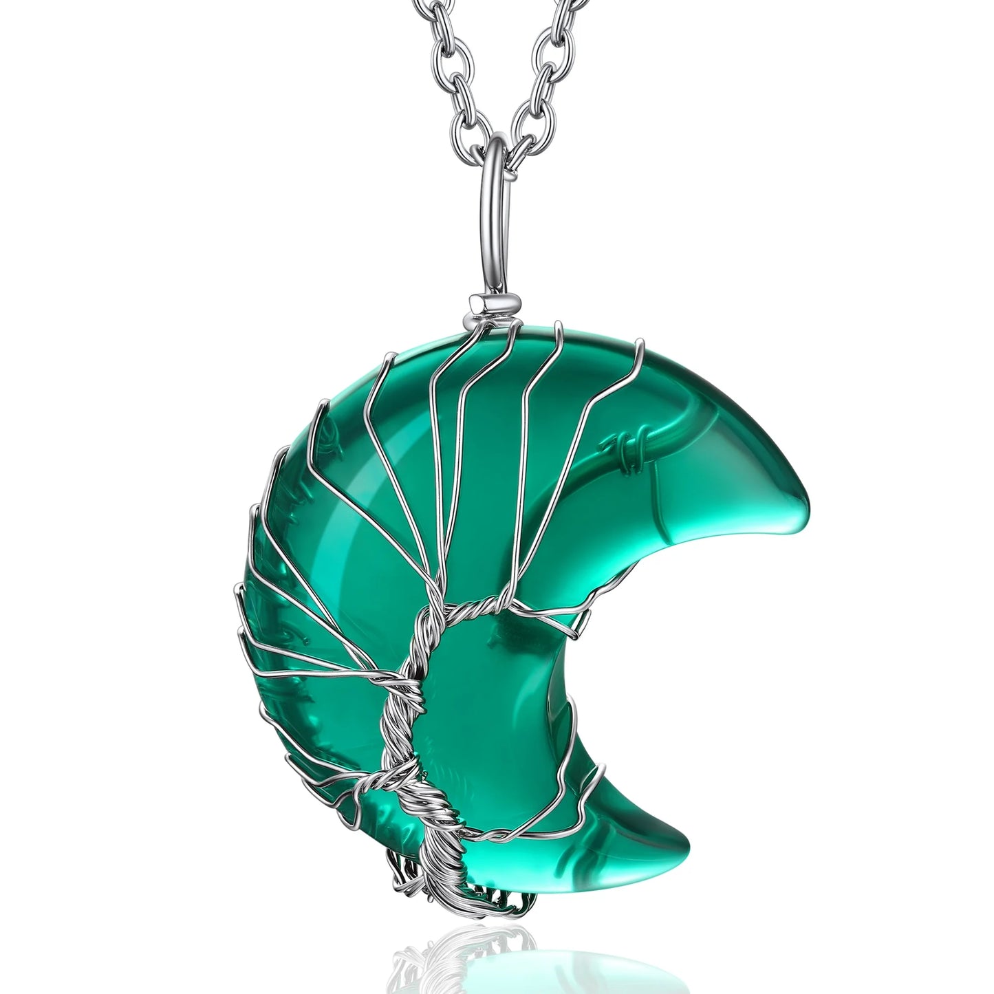 Elegant Birthstone Necklace for Women - Tree of Life Crescent Moon Pendant with Synthetic Green Emerald Healing Crystal for May Birthdays