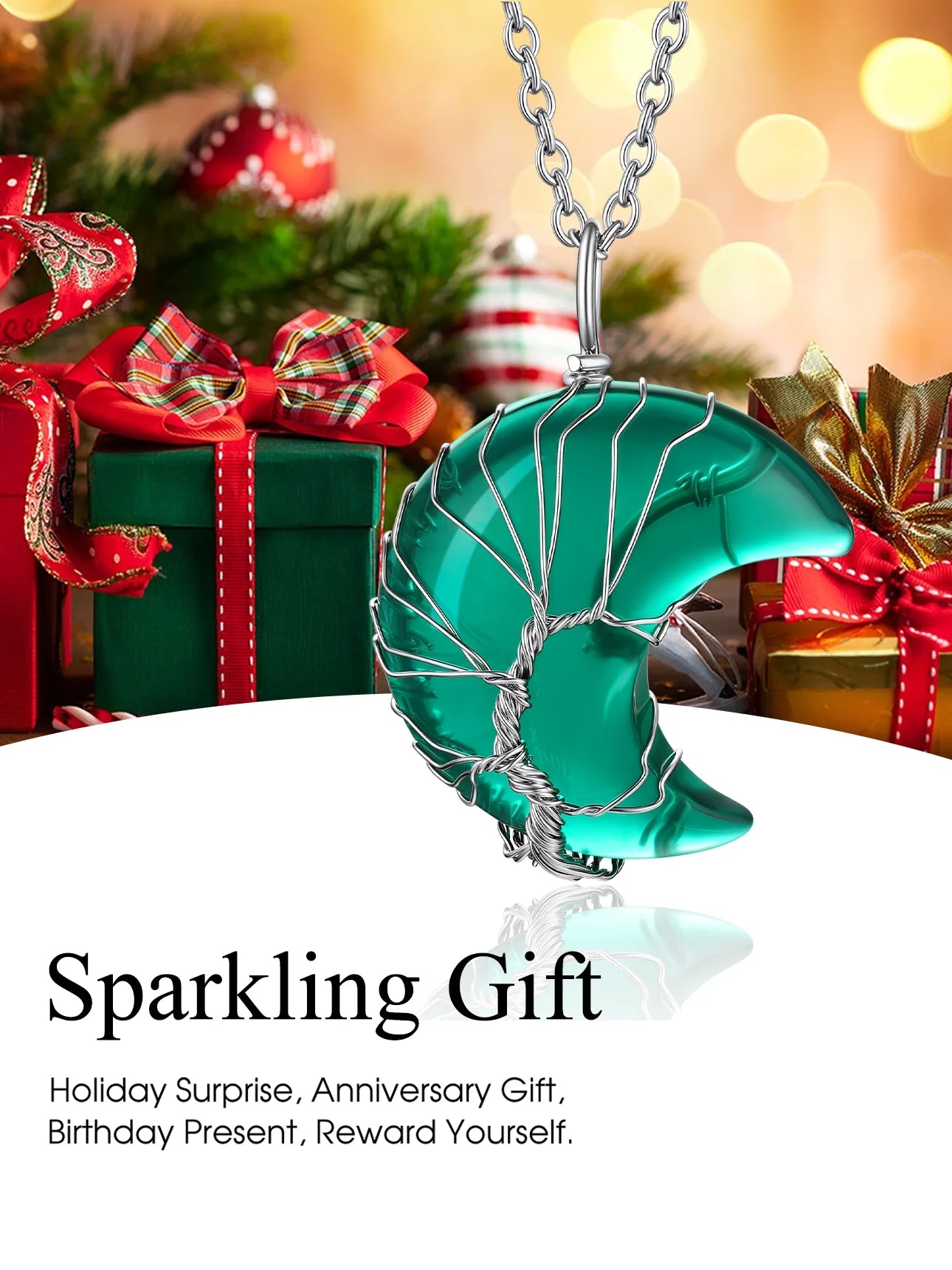 Elegant Birthstone Necklace for Women - Tree of Life Crescent Moon Pendant with Synthetic Green Emerald Healing Crystal for May Birthdays