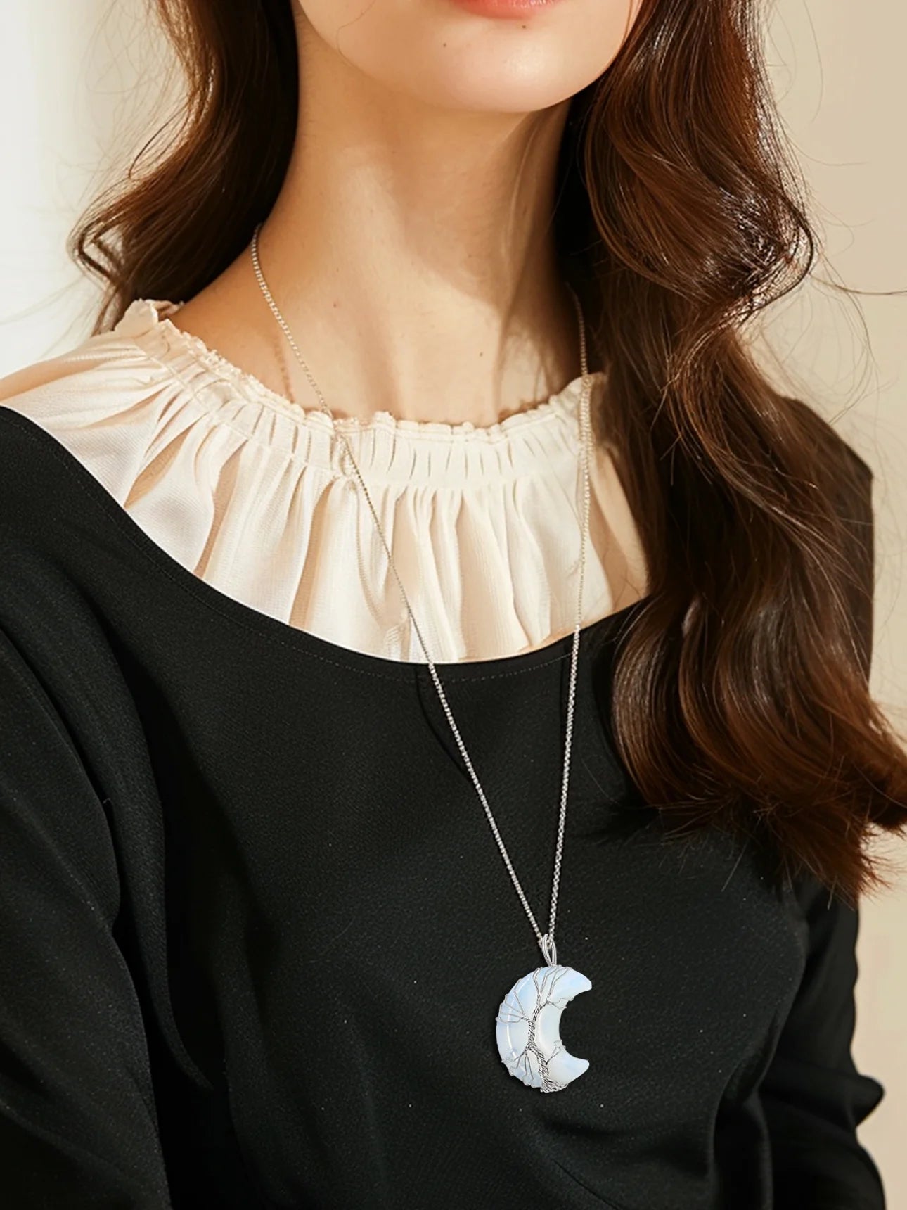 Elegant Tree of Life Crescent Moon Necklace with Synthetic Moonstone - Healing Crystal Pendant for June Birthdays