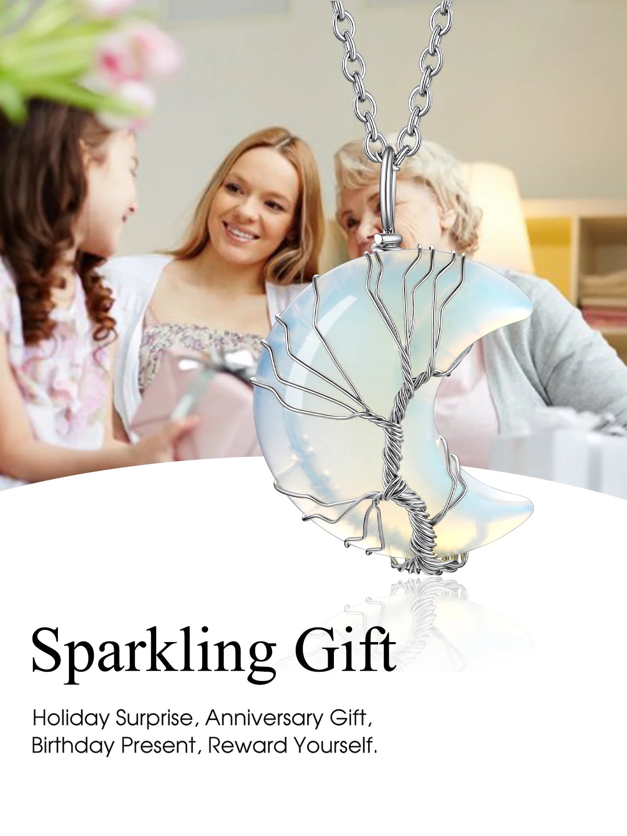 Elegant Tree of Life Crescent Moon Necklace with Synthetic Moonstone - Healing Crystal Pendant for June Birthdays