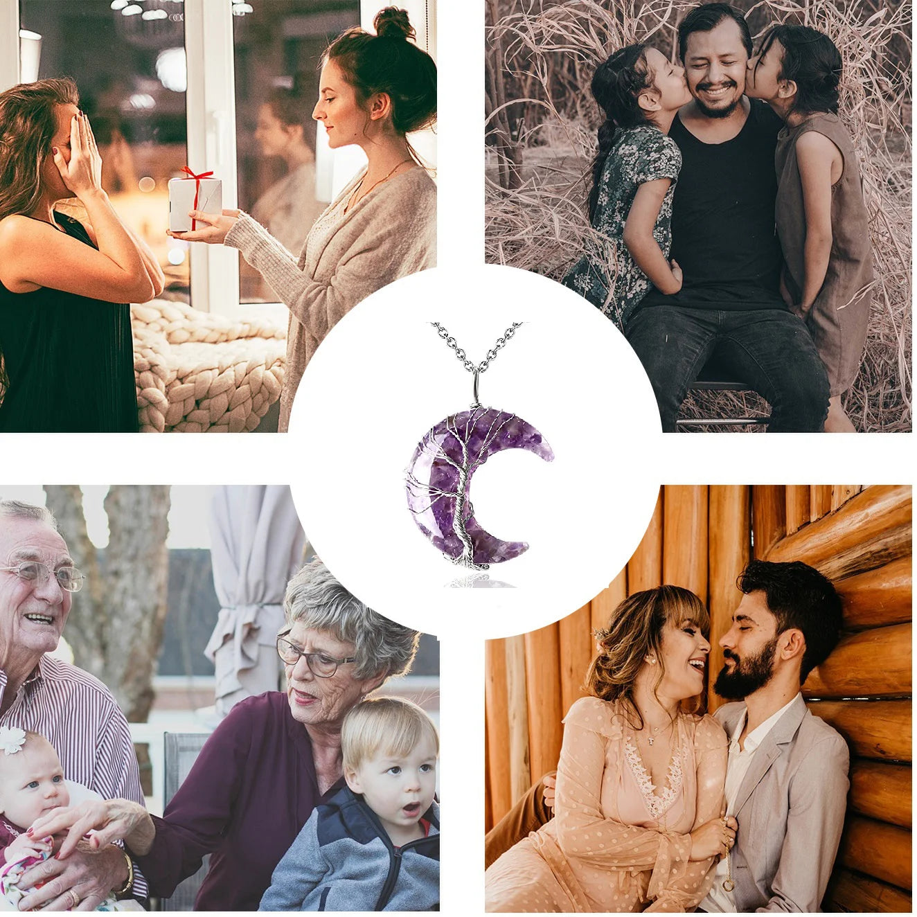 Tree of Life Necklace - Stunning Wire Wrapped Crescent Moon Pendant with 7 Chakra Healing Crystals for Women