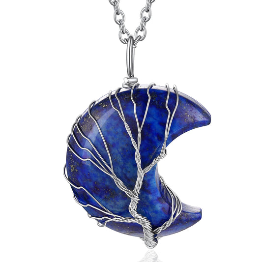 Elegant Tree of Life Crescent Moon Necklace with Lapis Lazuli - Healing Crystal Pendant for September Birthdays
